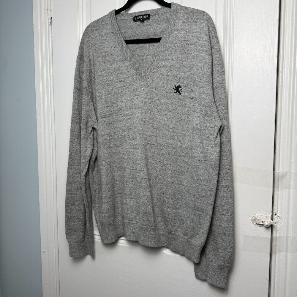 Express Sweater Mens XXL Gray Heather Knit Cotton Pullover Long Sleeve V Neck